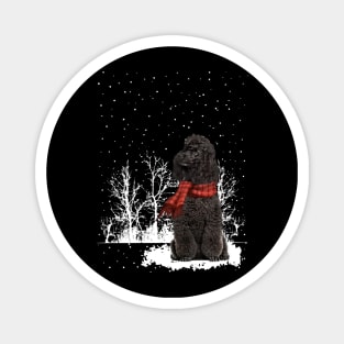 Christmas Black Mini Poodle With Scarf In Winter Forest Magnet